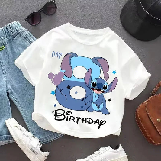 Summer Disney Lilo Stitch 1-9 Birthday Print Children T-shirt Cotton Kids Clothes Tees Fashion Cartoon Short Sleeve Girl Boy Top