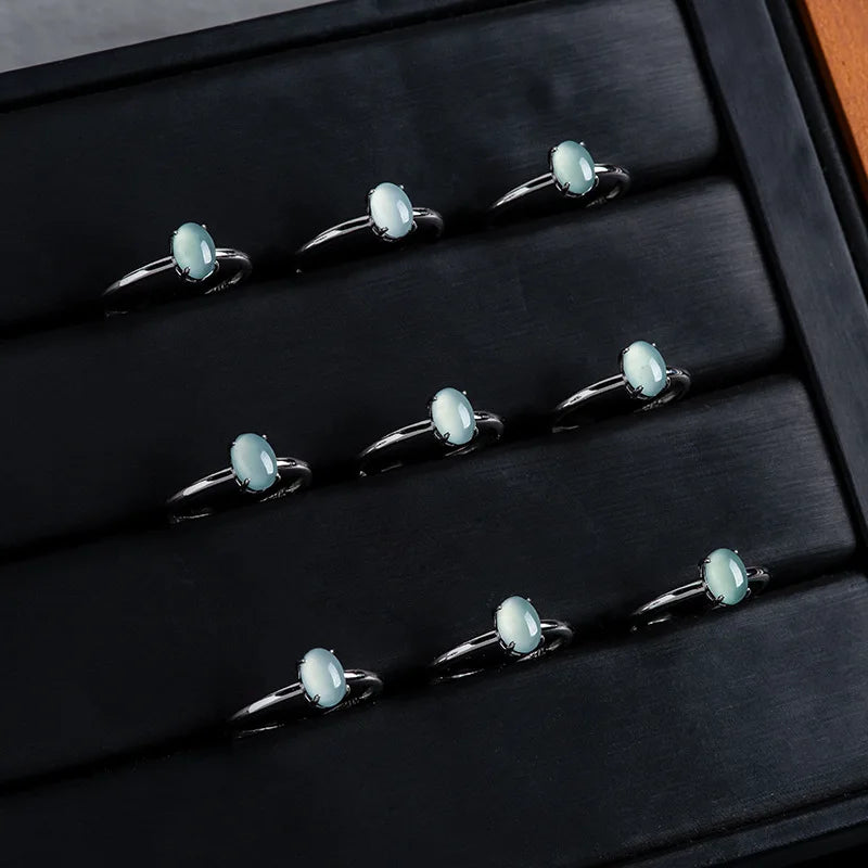 S925 Silver Natural A-grade Jade Blue Water Elliptical Egg Face Ring Ice Seed Jadeite Fashion Women's Gifts Jewelry Adjustable