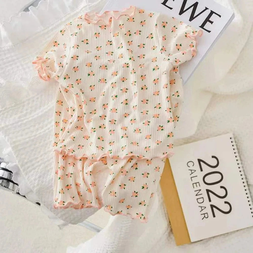 Bear Leader Summer Fashion New Short Sleeve Round Neck Flower Printed T-shirt Top+Pants 2 Piece Set Kids Casual Home Clothes