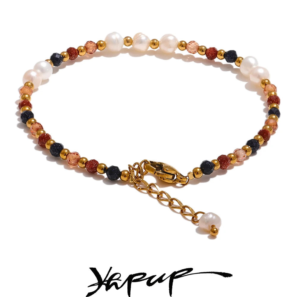 Yhpup Natural Stone Freshwater Pearl  Bead Chain Bling Bracelet Bangle Stainless Steel Handmade Fashion Waterproof Jewelry Women