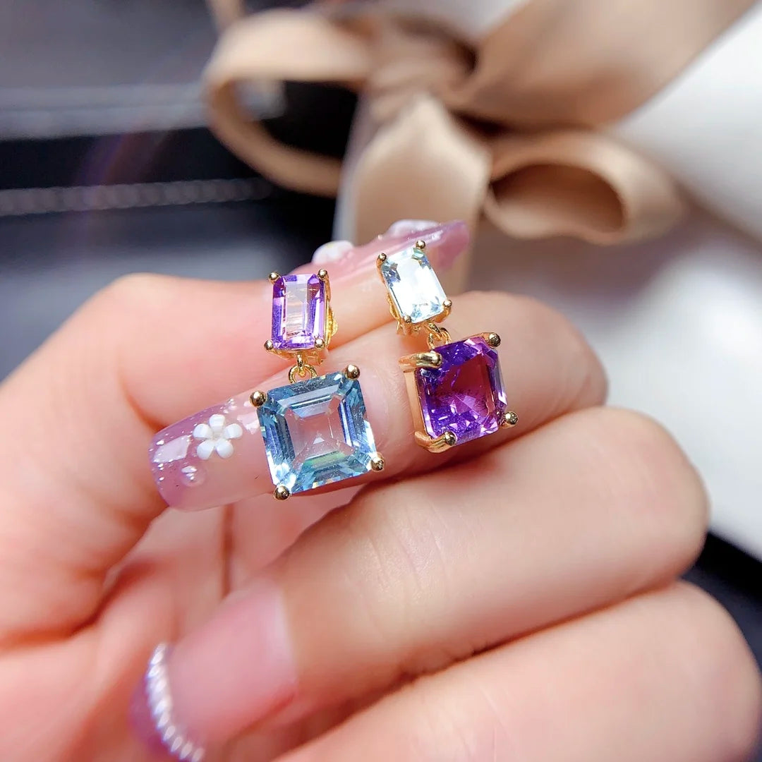 FS S925 Sterling Silver Natural Amethyst Topaz Asymmetric Earrings for Women Fine Charm Wedding Jewelry With Certificate MeiBaPJ