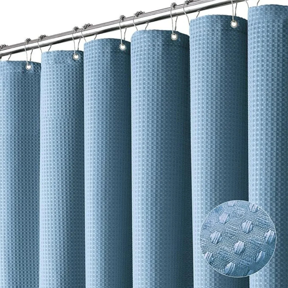 Waterproof Plain Waffle Shower Curtain Mildew-proof Solid Color Shading Curtain Polyester with Hooks Bathroom Partition Curtain
