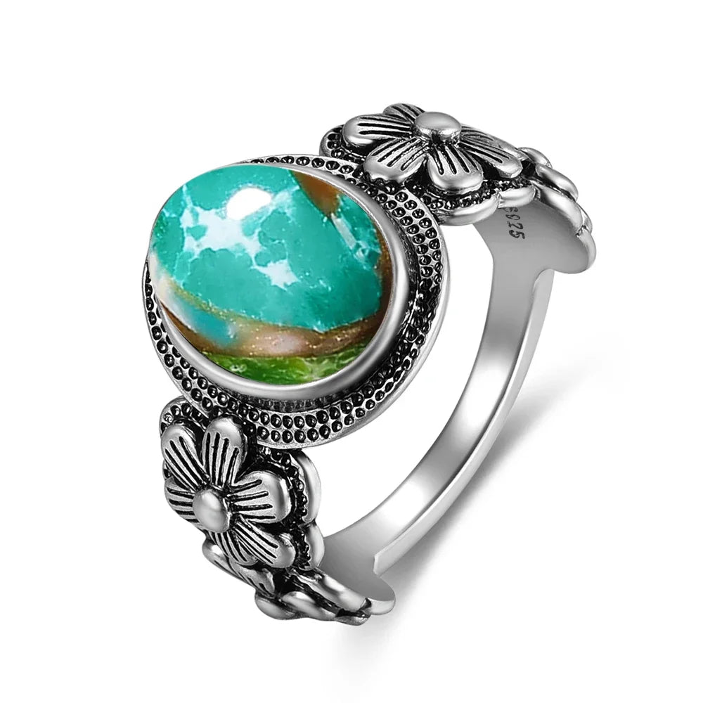 Vintage S925 Sterling Silver Ring with Oval Natural Emperor's Stone Flower Shape Hollow out Ring Fine Jewelry for Women