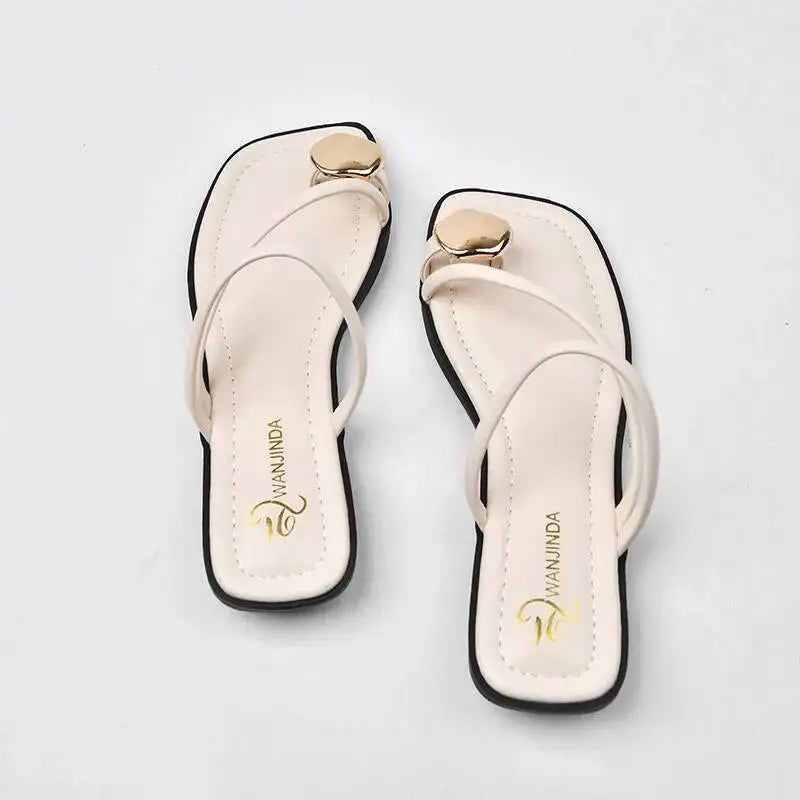 2026 New Summer Women Sandals Black Flat Slippers Gold Metal Button Decor Open Toe Slide Shoes Elegant Outdoor Beach Flip Flops