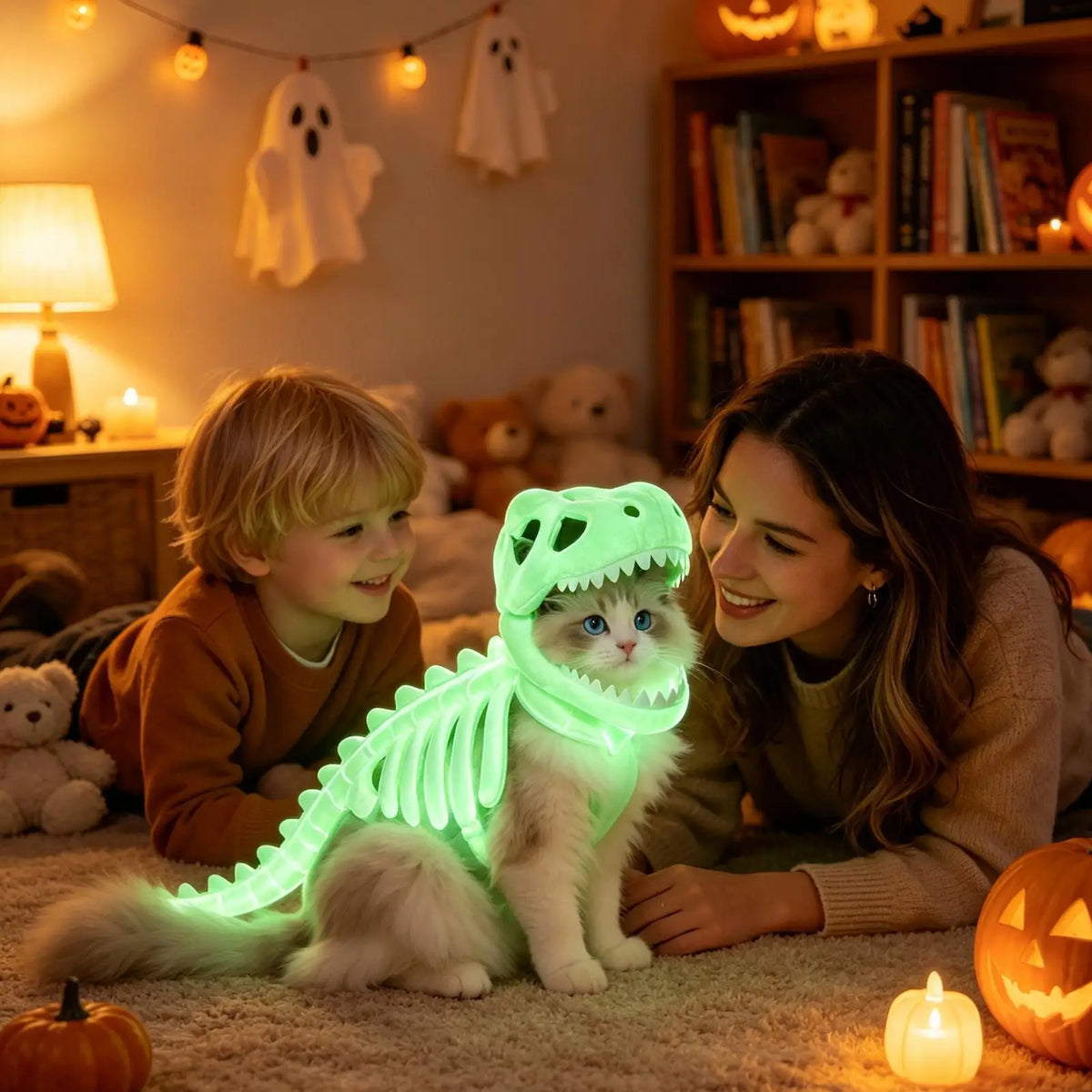 Funny Glow In Dark Dinosaur Skeleton Pet Outfit Soft Fluffy Dinosaur shaped Halloween Role Play Suit For Cats And Small Dogs
