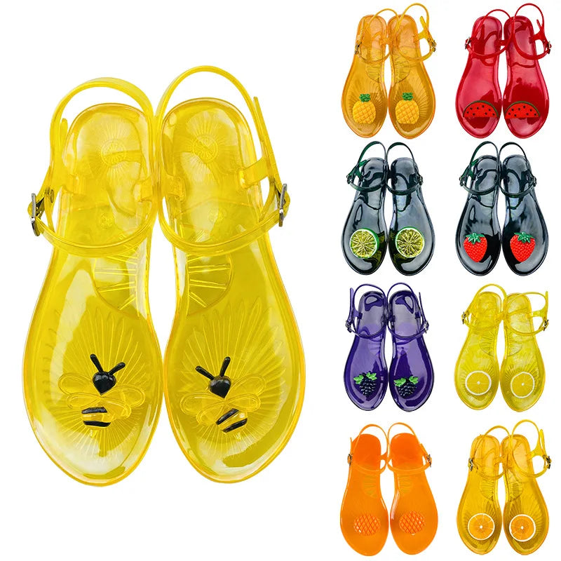 Plus Size 36-42 Ins Hot Sales Women Girls Jelly Sandals Colorfull Transparent PVC Beach Shoes Summer Fruit Flip-flop Shoes