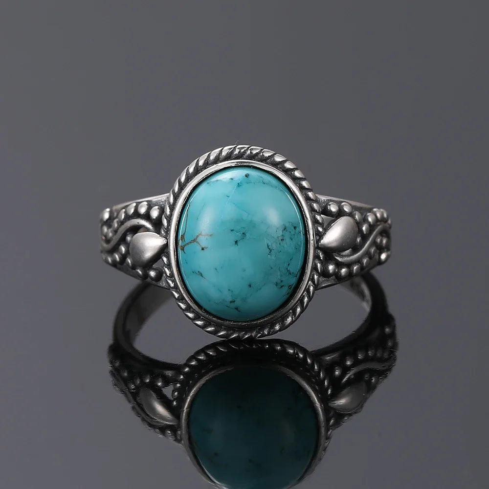 S925 Silver Oval Natural Turquoise Rings for Men Women Silver Fine Jewelry