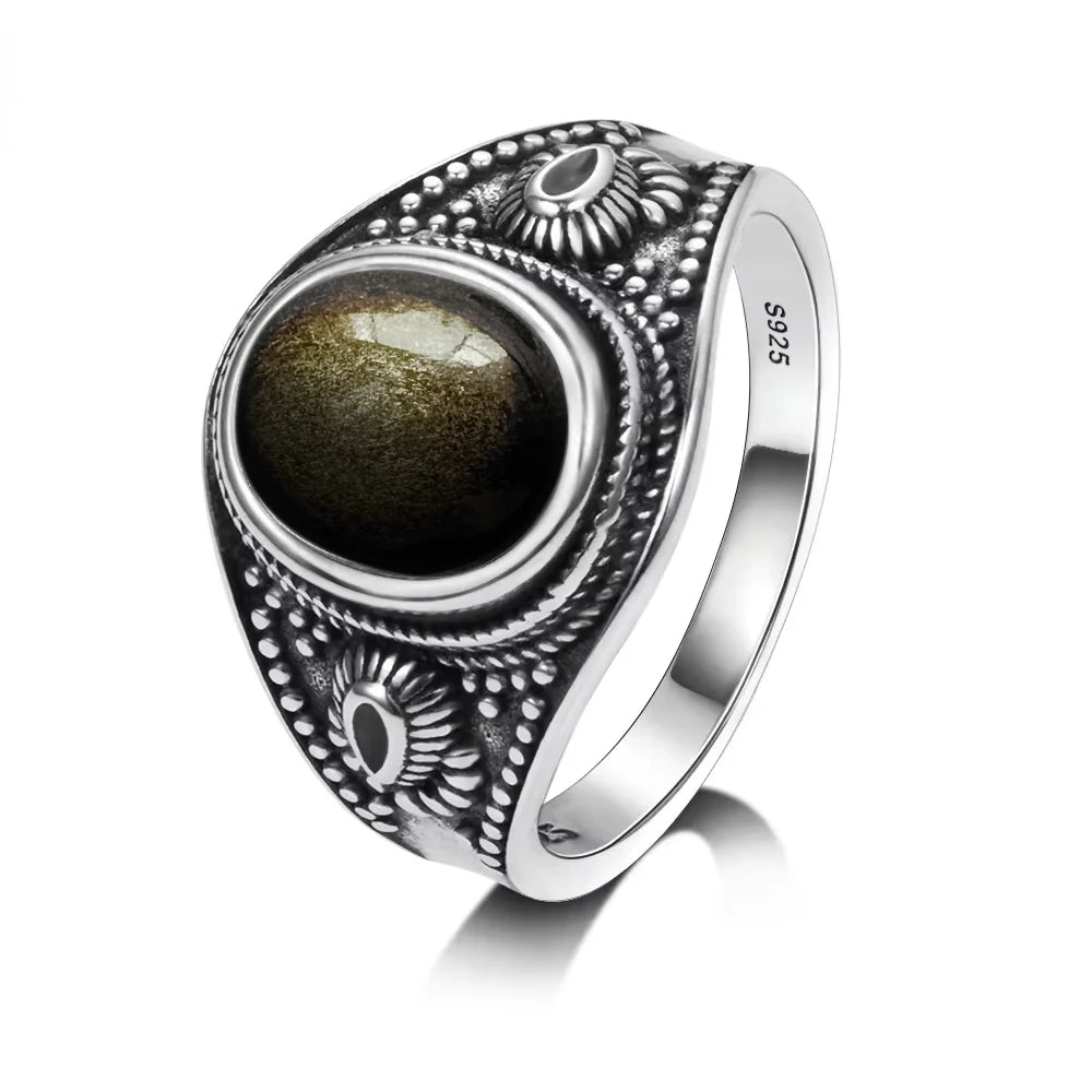 Vintage S925 Sterling Silver Ring Oval Round Natural Obsidian Ring Sun And Flower Shaped Retro Fine Jewelry For Women Men