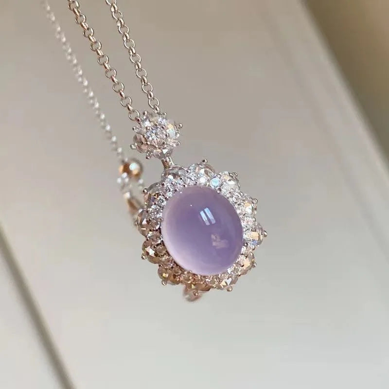 silver 925 inlaid diamonds natural chalcedony violet pendant necklace sweet original collar chain wedding fine jewelry gift
