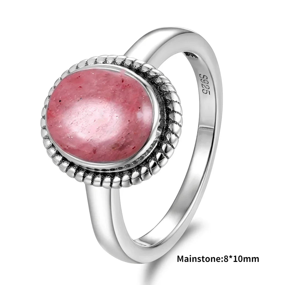 Natural Rhodochrosite Rings Women's S925 Silver Jewelry Ring Gifts Vintage Fine Wedding Ring