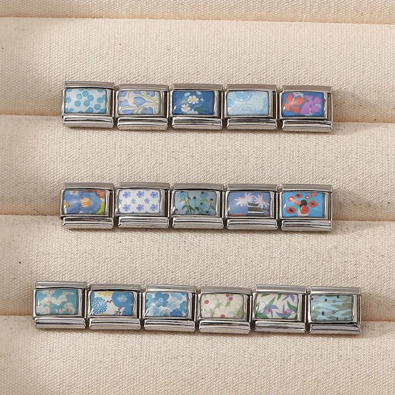 Wholesale Blue Series Beautiful Blue Flowers Italian Charms Fit 9mm Stainless Steel Women Fashion Bracelet DIY Jewelry Gifts