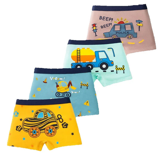4-Pack Boy Boxer Brief High Quality Cotton Breathable Children Boxers Dinosaur Plaid Car Patterns Kids Underwear Age 3-14Years