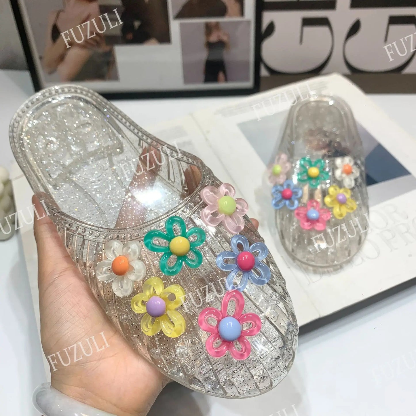 Clear Floral Crystal Jelly Shoes Transparent Slip On Sandals Summer Casual Open Toe Jelly Slippers Women Daily Beach Footwear