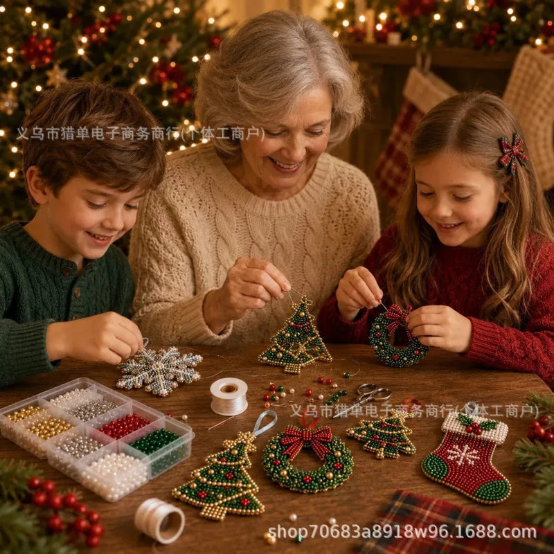 4 Piece Christmas Beaded Ornaments DIY Kit Tree Snowflake Wreath Stocking Craft Set Xmas Party Decoration Gift for Kids Adults