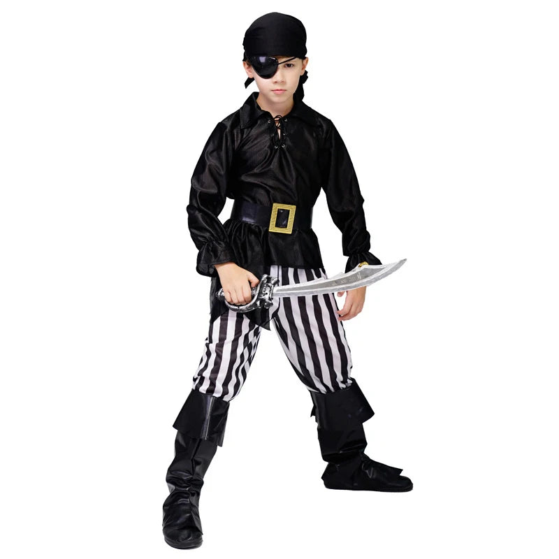 Boys Pirate Captain Costume – Top, Pants, Belt, Boot Covers & Hat Set, S–L
