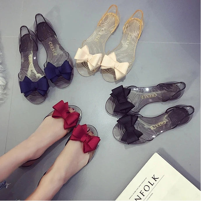 Size 36-42 Women Girls Jelly Sandals Peep-toe Shoes INS Hot Sales Sweet Bow Transparent PVC Summer Beach Flats Shoes