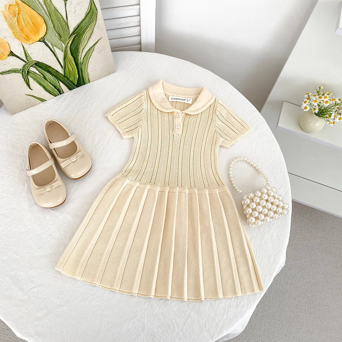 1-5Y Kids Clothes Hollow Out Knit Dress For Girls Preppy Style Childrens  Knit Pleated Dresses