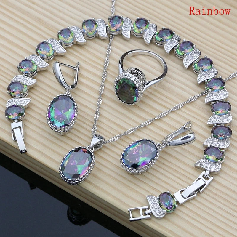 Natural 925 Silver Jewelry Red Birthstone Charm Jewelry Sets Women Earrings/Pendant/Necklace/Ring/Bracelets T055