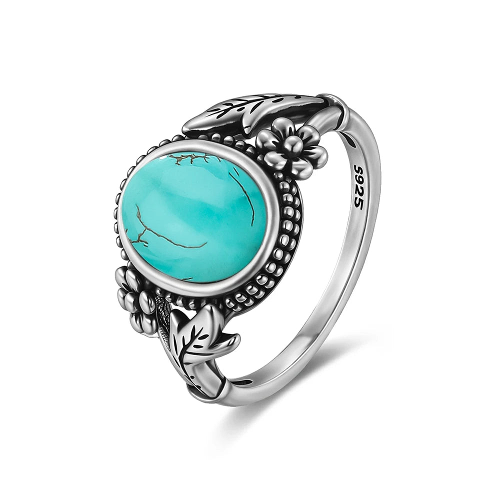 Vintage S925 Sterling Silver Natural 8*10mm Larimar Stone Ring Gift Flower leaf Shaped Moonstone Ring Fine Jewelry For Women