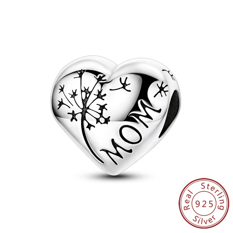 925 Sterling Silver Heart Shape Charm Beads Mother Daughter Family Pet Paw Beads Fit Bracelets Mother's Day Jewelry Gift