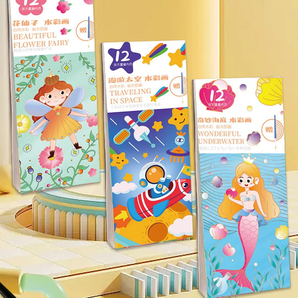 12 Sheets/Set Portable Watercolor Painting Paper Coloring Book With Paint Brush Filling Kids Graffiti Picture Drawing for Kids