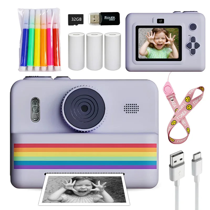 kids instants camera with 32GB memory card&color pencil, dual cameras, flashlight, the perfect gift for boys and girls.