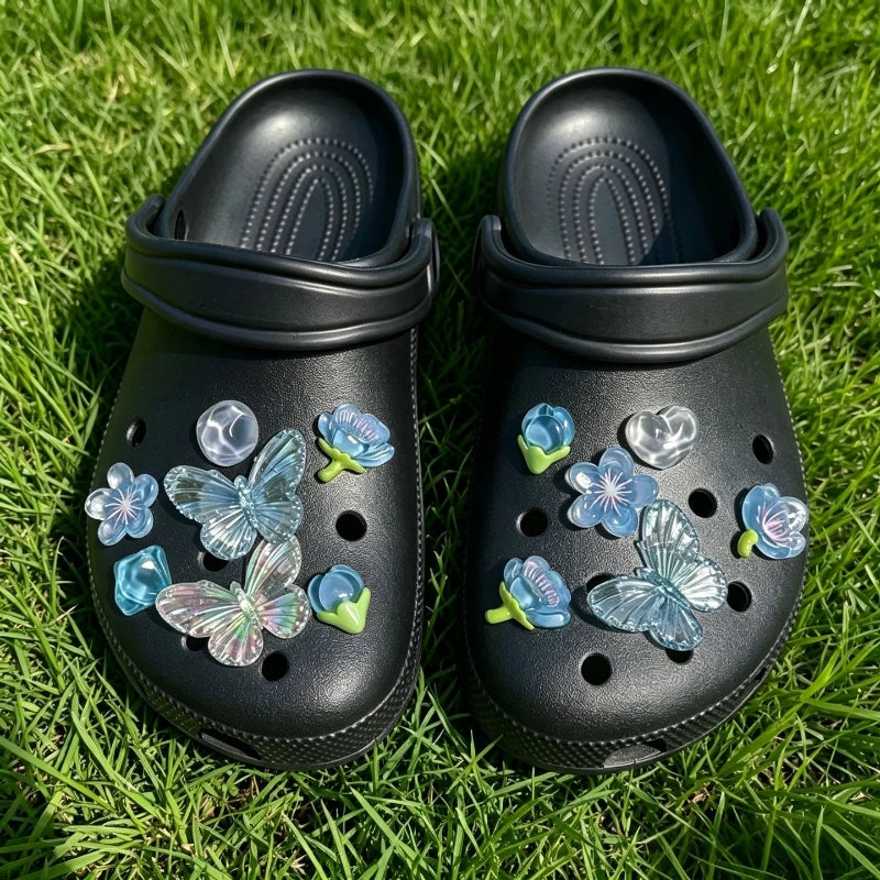 Blue Gradient Butterfly Resin Shoe Charms Iridescent Jelly Ornaments DIY Hole Sandal Decor Cute Summer Gift for Girls Women Kids