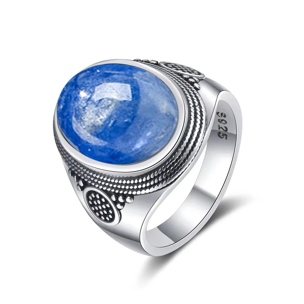 Vintage S925 Sterling Silver Natural labradorite Moonstone Ring 10x14MM Large Turquoise Lapis Retro Ring For Women Men