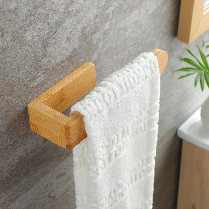 Bamboo Wooden Towel Rack, Adhesive Wall-Mounted Bathroom Organizer, No Drill Shelf for Home, Kitchen & Toilet Storage