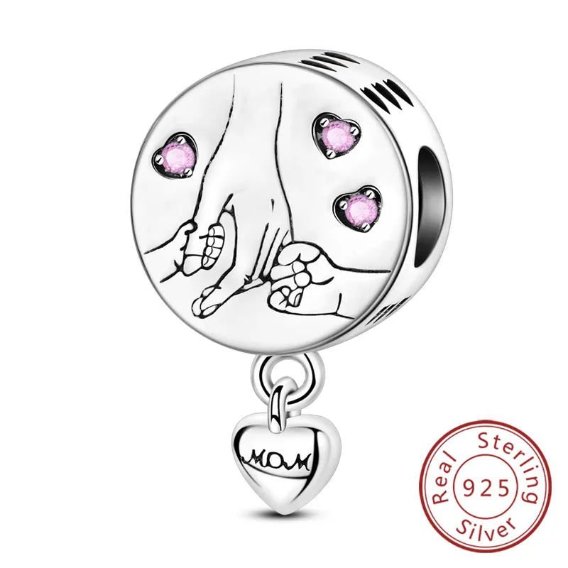 925 Sterling Silver Heart Shape Charm Beads Mother Daughter Family Pet Paw Beads Fit Bracelets Mother's Day Jewelry Gift