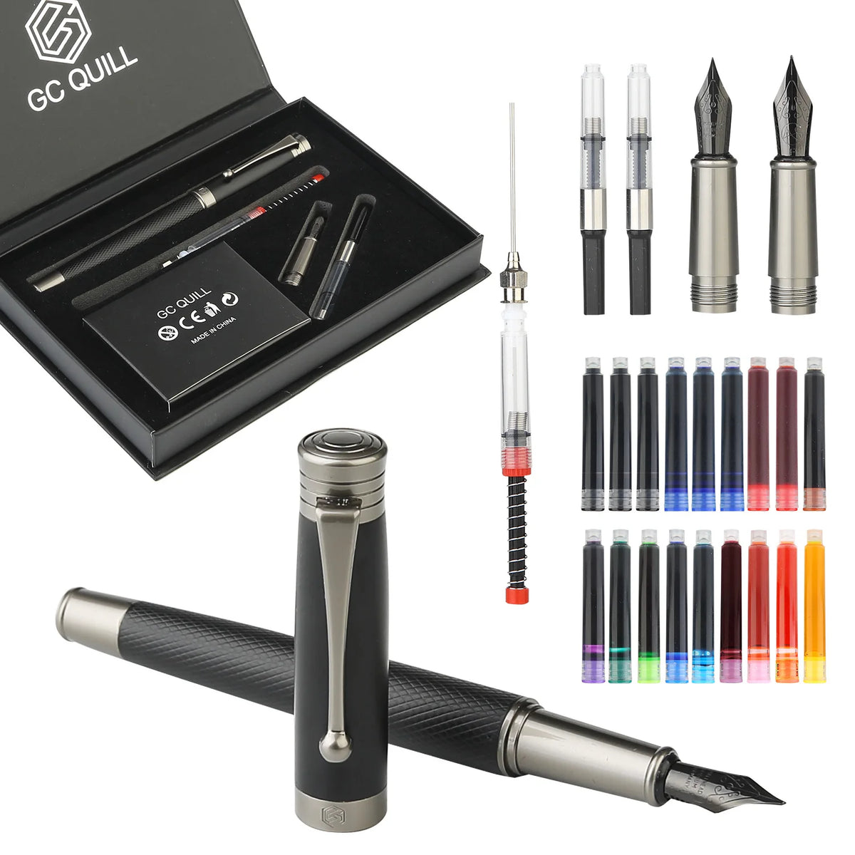 Fountain Pen Set - Fine & Medium Nibs, Includes 18 Ink Cartridges, Ink Refill Converter & Syringe Filler, Gift for Writing