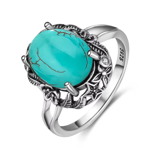 S925 Sterling Silver Ring Vintage Ring Gemstone Ring Silver Fine Jewelry Natural Turquoise Rings