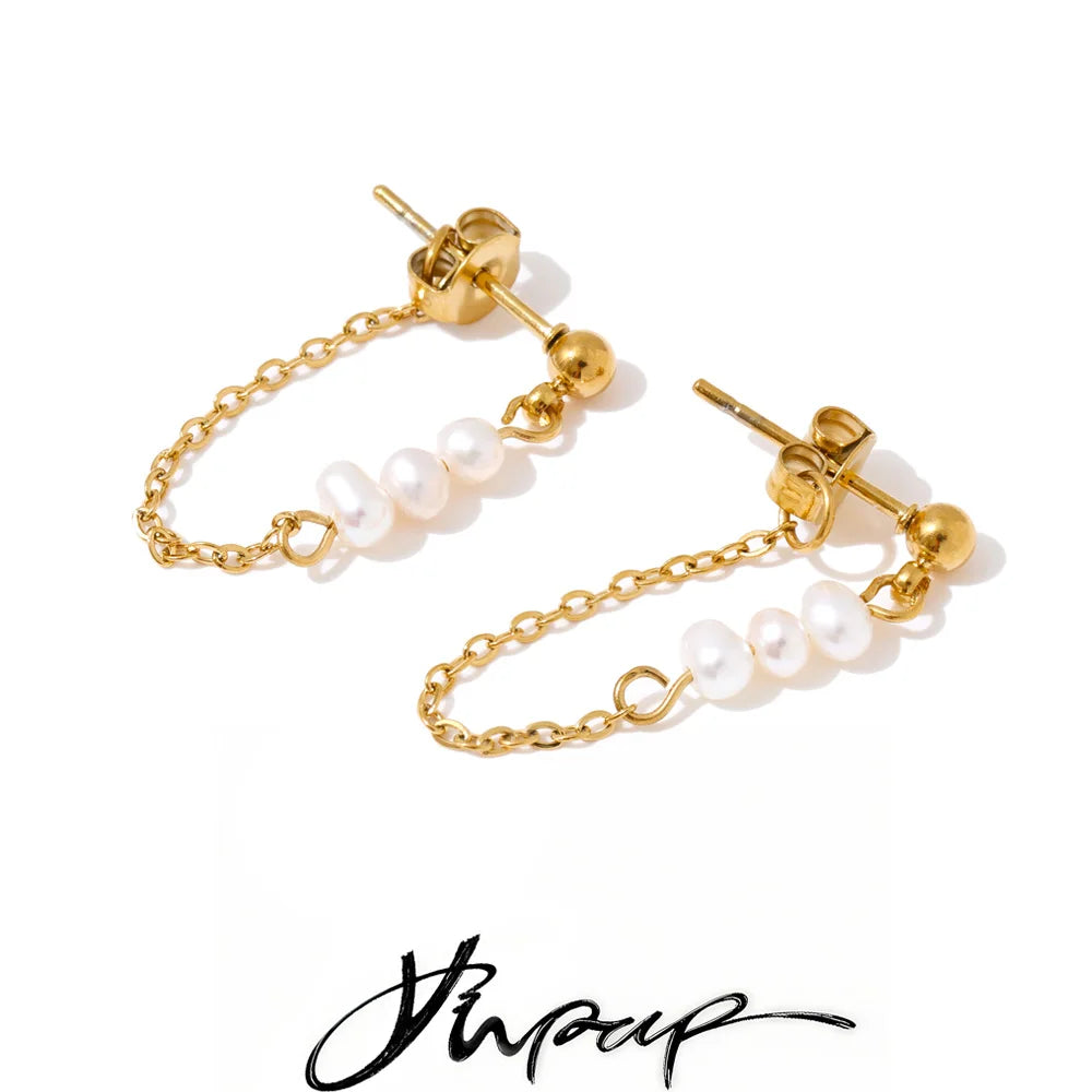 Yhpup 2025 Stainless Steel Natural Pearls Chain Tassel Drop Dangle Earrings for Women Popular Fashion Daily Korean Jewelry