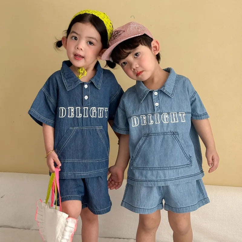 Childrens Summer Denim Set 2026 New Summer Clothes for Girls Loose and Casual Boys Short Sleeved Shorts Baby Clothes