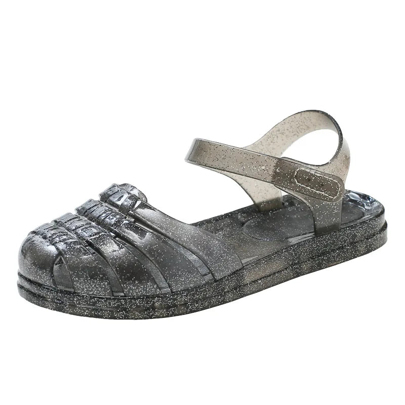 New Summer Kids Crystal Jelly Princess Clogs Sandals for Baby Girls Roman Soft Sole Beach Shoes Non Slip Flat Fun Children Shoes