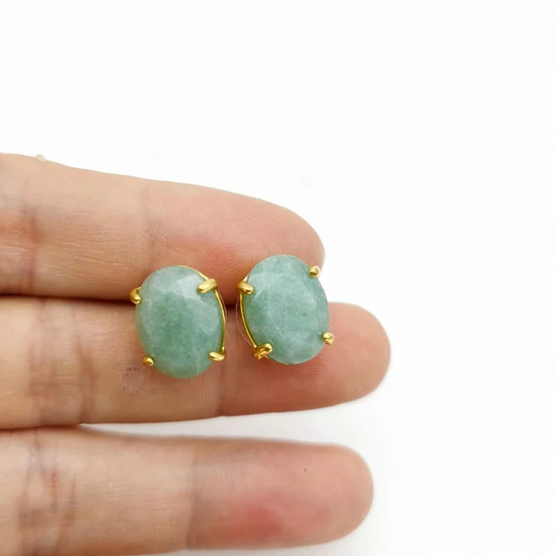 Oval Shape Stud Earrings Silver Color Natural Stone Faceted Pink Quartz Crystal Tiger Eye lapis lazuli Healing Jewelry Female