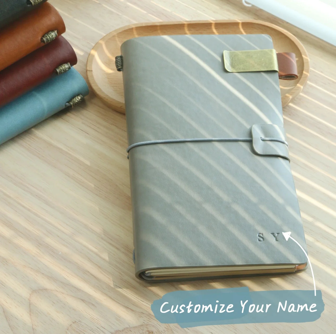 Customizable Vintage Leather Journal A6 Travel Notebook with Pen Holder And PVC Cash Card Sleeves Personalized Sketch Journal