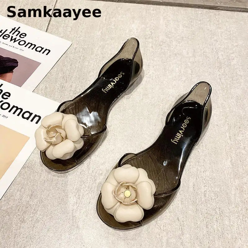Size 34-41 Womens Flats Sandals Summer Mujer Mules Clogs Flower Jelly Shoes Female Peep Toe Heels Crystal Beach Zapatillas Y31