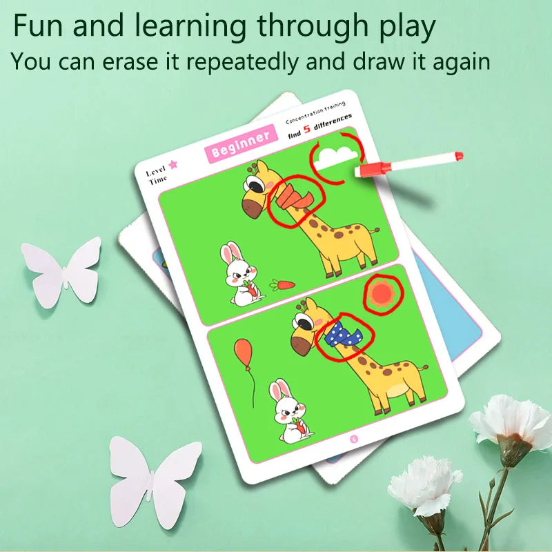 Children's Educational Games, Focus and Observation Training, Spot the Difference, from Hyperactivity to Concentration, Educational Game Cards, Can Be Wiped Off and Reused, Suitable for Holiday Gifts
