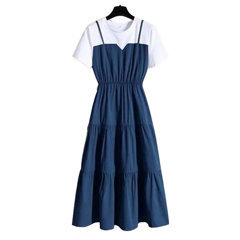 2024 Fashion Strap Fake Two piece Dress Block Summer Short sleeved Dress Women's Waist Tight Dress
