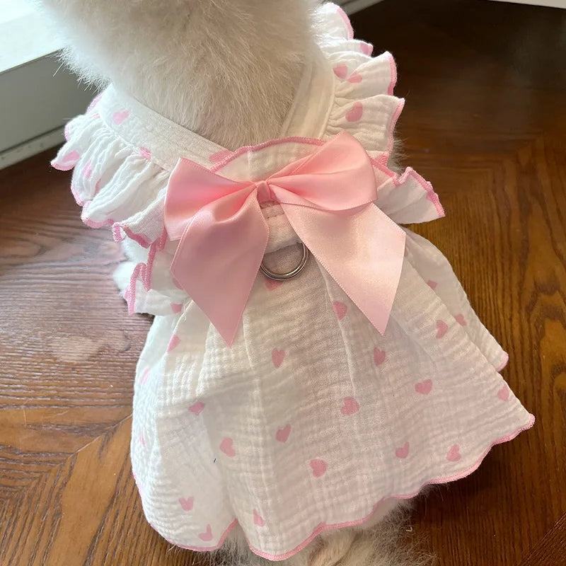 Dog Cooling Dress Summer Thin Bow Heart Print Dog Clothes Pet Skirt Kitten Puppy Costume Chihuahua Bichon Yorkie Girls Dog Vest