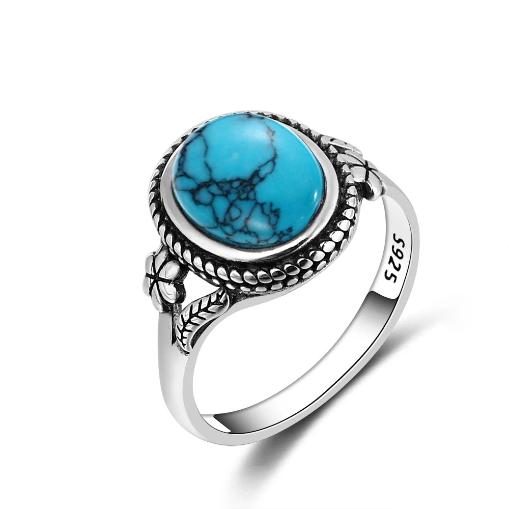 S925 Silver Oval Natural Turquoise Rings for Men Women Silver Fine Jewelry
