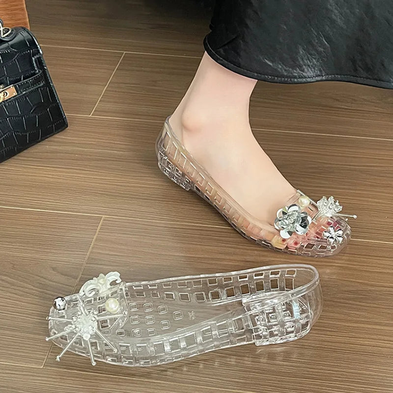 Elegant Glitter Pearl Flower Pvc Jelly Shoes Women Summer 2026 DIY Pearl Transparent Sandals Clogs Korean Ballet Flats for Women