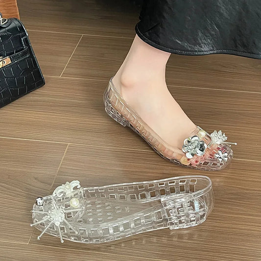 Elegant Glitter Pearl Flower Pvc Jelly Shoes Women Summer 2026 DIY Pearl Transparent Sandals Clogs Korean Ballet Flats for Women