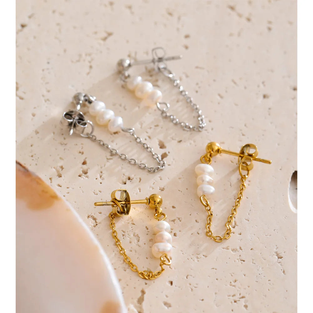 Yhpup 2025 Stainless Steel Natural Pearls Chain Tassel Drop Dangle Earrings for Women Popular Fashion Daily Korean Jewelry