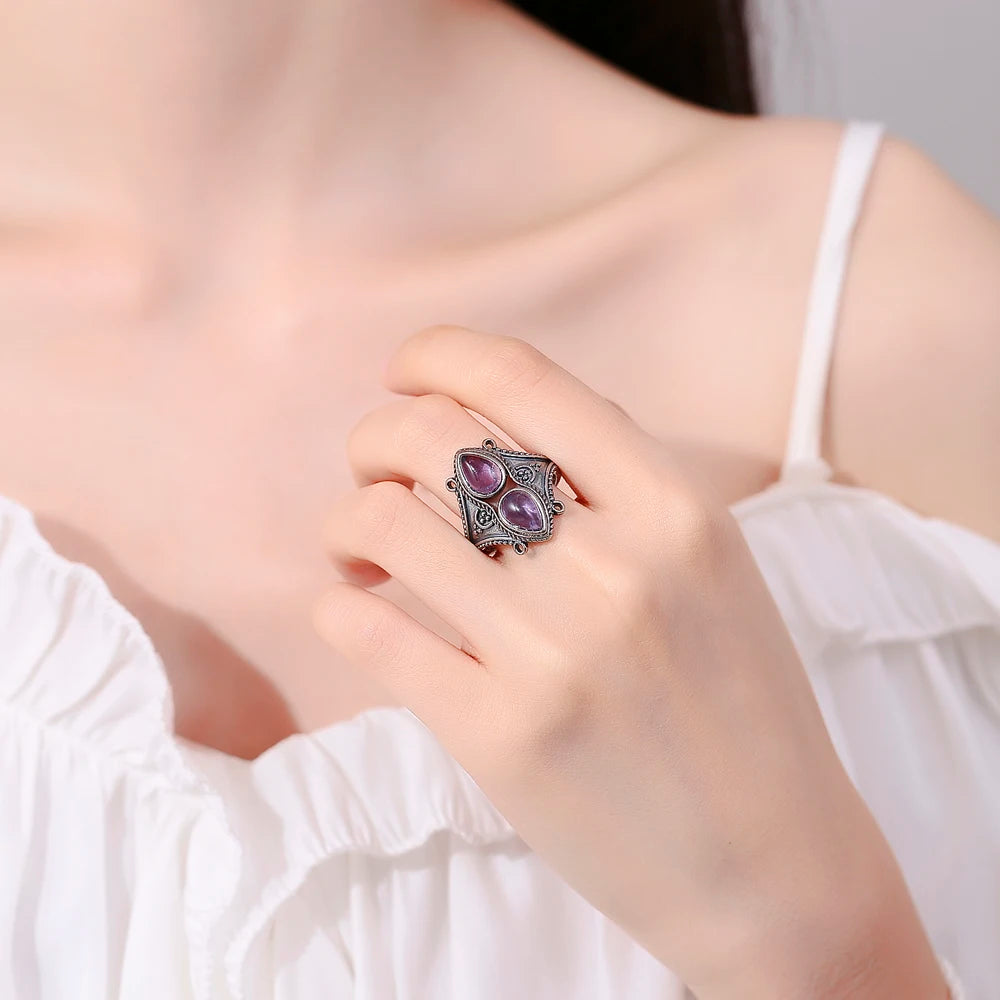 S925 Silver Jewelry Ring Natural Turquoise Moonstone Amethyst Stone Vintage Ring For Women Party Gifts