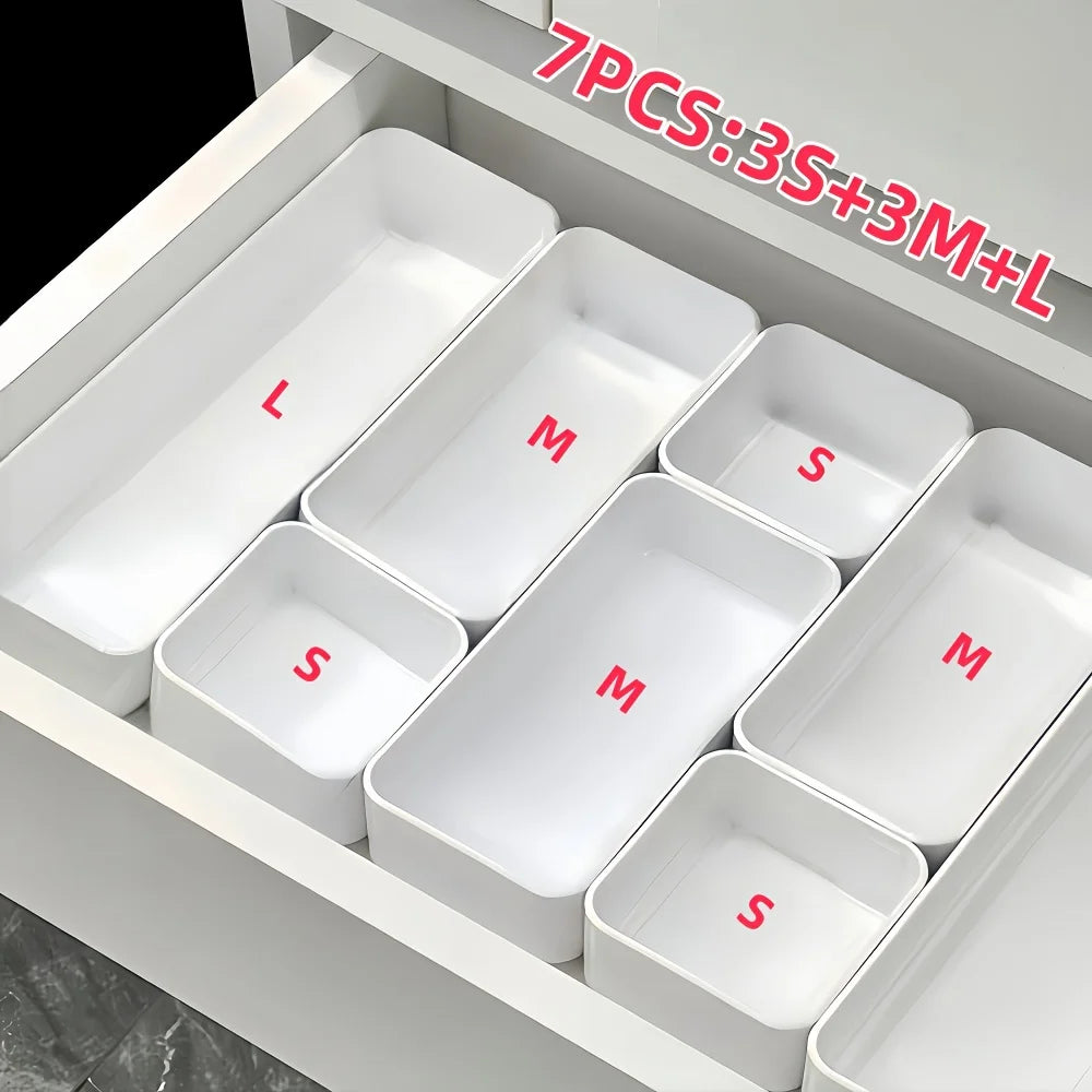 7pcs Drawer Organizer Set, Plastic Cosmetic and Skincare Storage Boxes with Dividers for Vanity, Desktop,and Drawer Organization