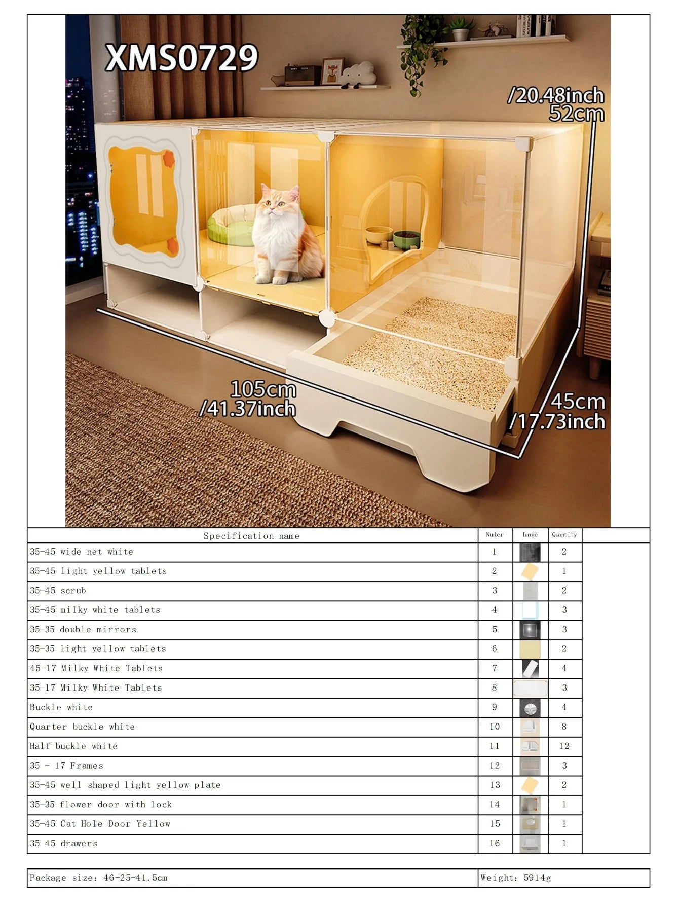 Cat Cage with Drawer-Type Litter Box, Indoor Kitten House with Toilet, Cat Cabinet with One Bedroom, One Living Room, and One Bathroom, Kitten Villa
