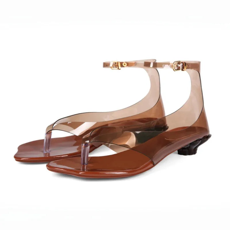 Purple Clear PVC Jelly Thong Sandals Women Ankle Buckle Strap Floral Low Kitten Heels Summer Beach Club Party Flip Flop Shoes