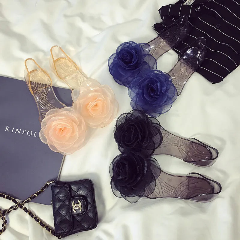 Summer Women Peep-toe Sandal with Floral Crystal Decorations Lady Jelly Transparent Flat Beach Shoe Adult Non-slip Casual Sandal